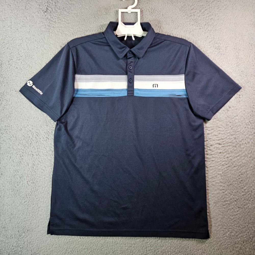 Travis Mathew Polo Shirt Men Large Short Sleeve Navy Blue Striped - EUC
